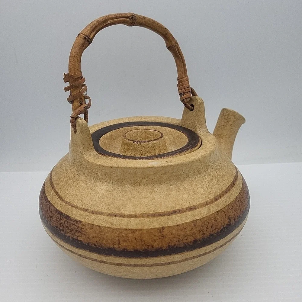 Vintage Pottery craft  Brown Cream Bamboo Handle Tea/ Coffee‎ pot